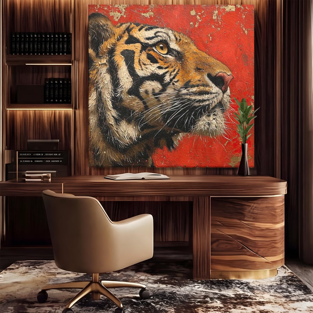 Leinwandbilder Premium, LuxCanva® M1192, Empire in Stripes, Tiger, Rot, Vintage, Gemälde, Profil, Portrait, Feline, Edel, Feline, Tier, Golden, König, Streifen, Büro, Wohnen, Kinderzimmer