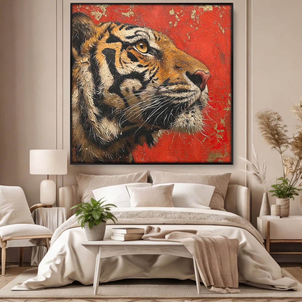 Leinwandbilder Premium, LuxCanva® M1192, Empire in Stripes, Tiger, Rot, Vintage, Gemälde, Profil, Portrait, Feline, Edel, Feline, Tier, Golden, König, Streifen, Büro, Wohnen, Kinderzimmer