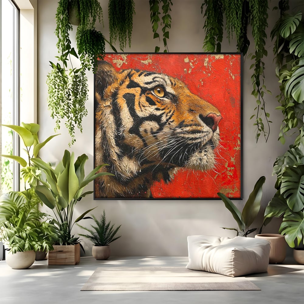 Leinwandbilder Premium, LuxCanva® M1192, Empire in Stripes, Tiger, Rot, Vintage, Gemälde, Profil, Portrait, Feline, Edel, Feline, Tier, Golden, König, Streifen, Büro, Wohnen, Kinderzimmer