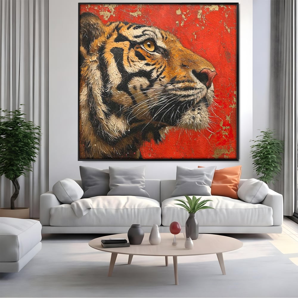 Leinwandbilder Premium, LuxCanva® M1192, Empire in Stripes, Tiger, Rot, Vintage, Gemälde, Profil, Portrait, Feline, Edel, Feline, Tier, Golden, König, Streifen, Büro, Wohnen, Kinderzimmer