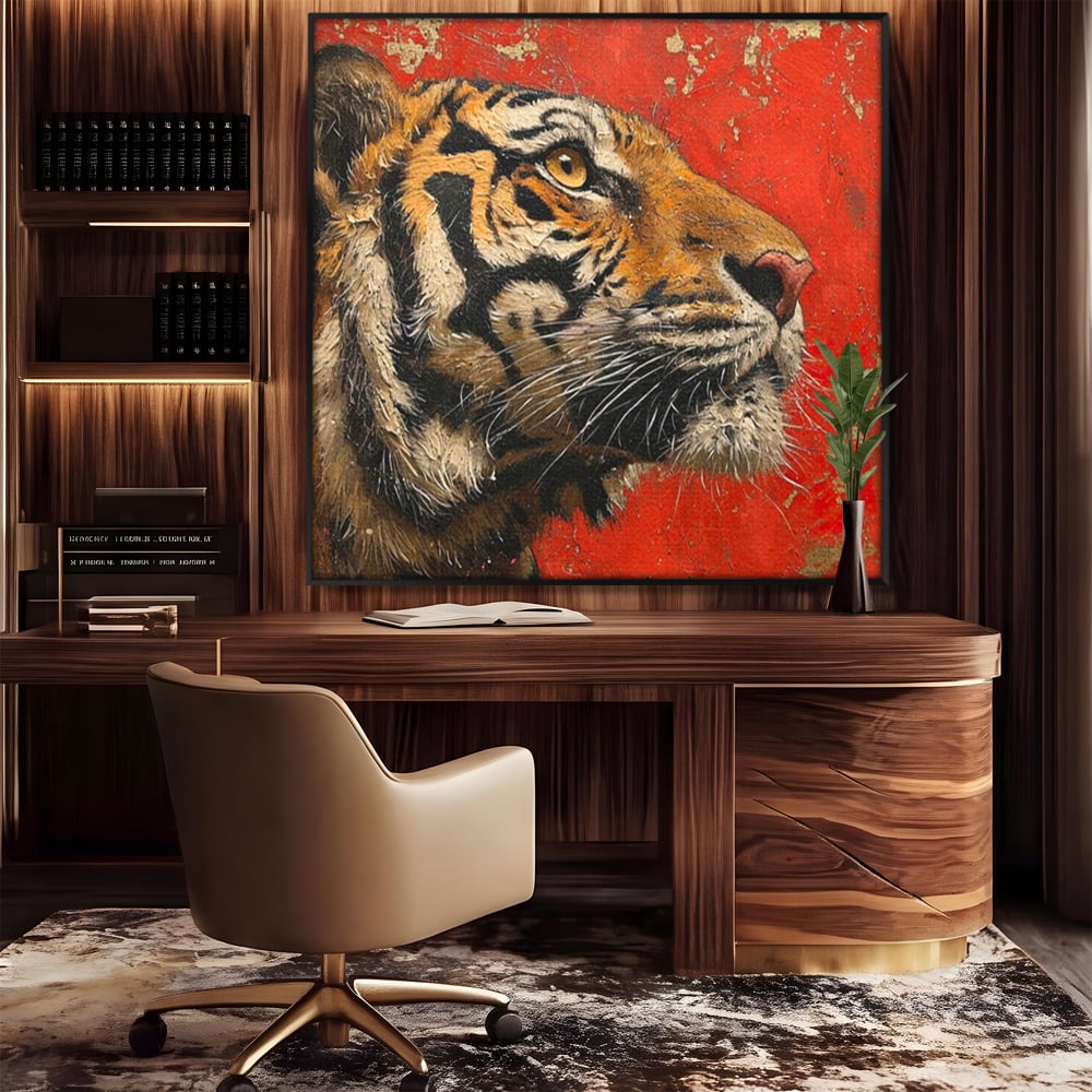Leinwandbilder Premium, LuxCanva® M1192, Empire in Stripes, Tiger, Rot, Vintage, Gemälde, Profil, Portrait, Feline, Edel, Feline, Tier, Golden, König, Streifen, Büro, Wohnen, Kinderzimmer