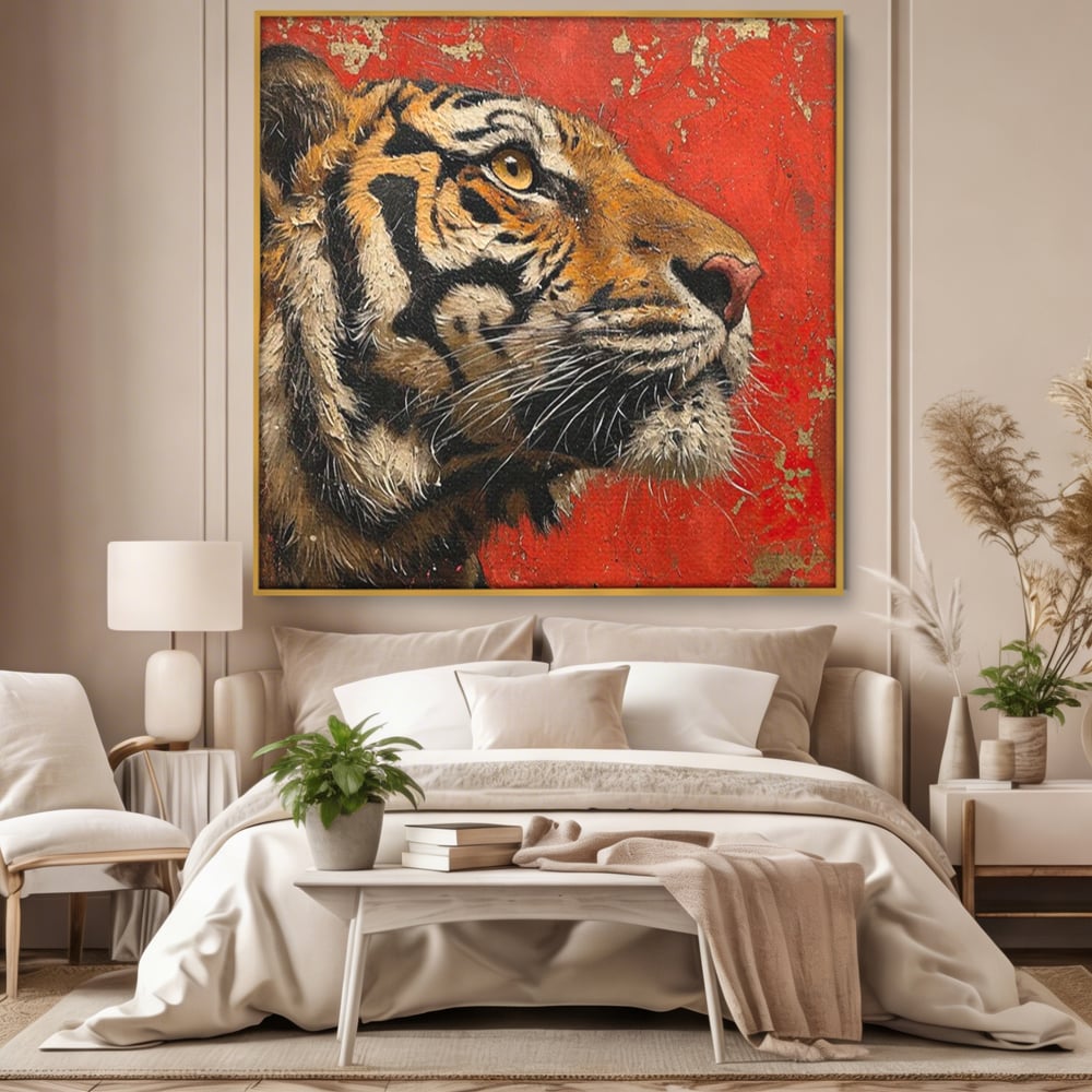 Leinwandbilder Premium, LuxCanva® M1192, Empire in Stripes, Tiger, Rot, Vintage, Gemälde, Profil, Portrait, Feline, Edel, Feline, Tier, Golden, König, Streifen, Büro, Wohnen, Kinderzimmer