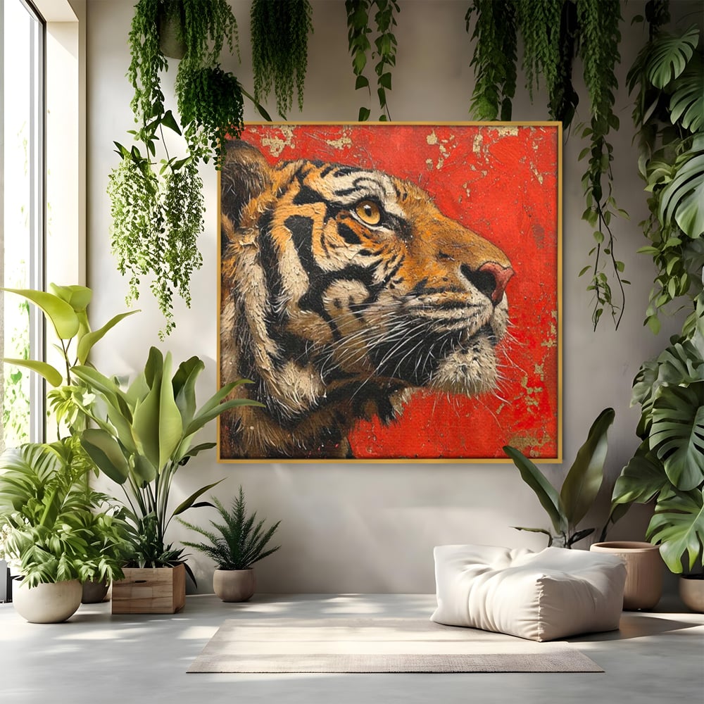 Leinwandbilder Premium, LuxCanva® M1192, Empire in Stripes, Tiger, Rot, Vintage, Gemälde, Profil, Portrait, Feline, Edel, Feline, Tier, Golden, König, Streifen, Büro, Wohnen, Kinderzimmer