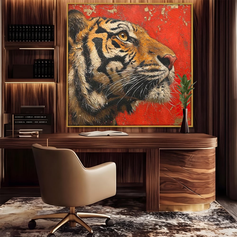 Leinwandbilder Premium, LuxCanva® M1192, Empire in Stripes, Tiger, Rot, Vintage, Gemälde, Profil, Portrait, Feline, Edel, Feline, Tier, Golden, König, Streifen, Büro, Wohnen, Kinderzimmer