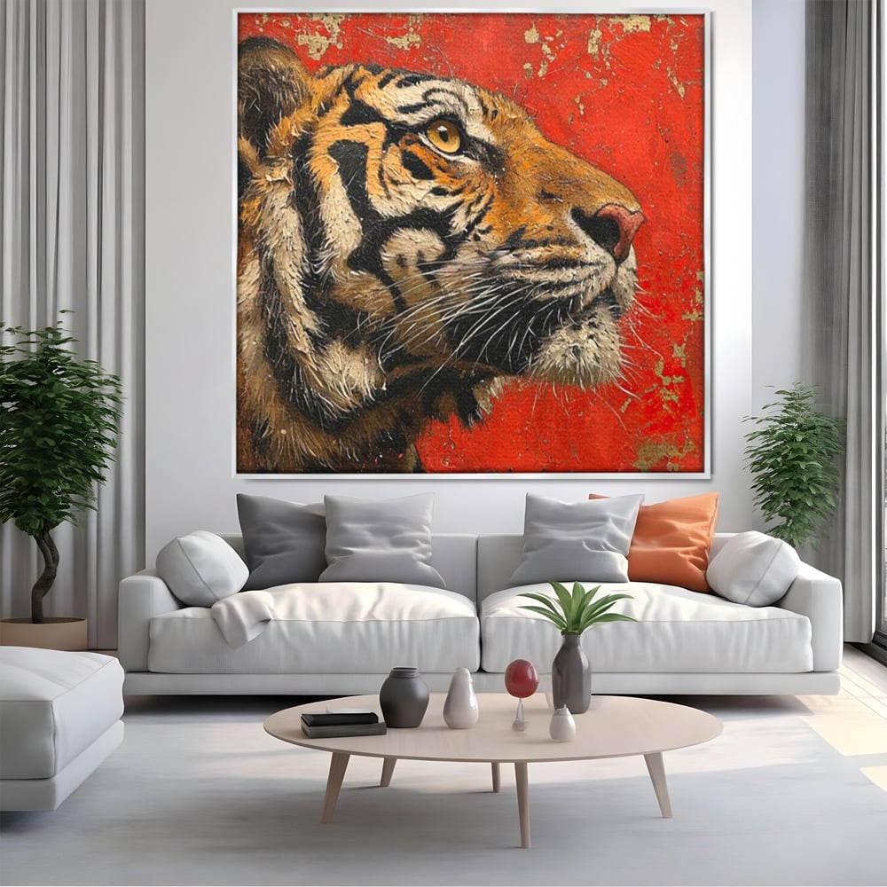 Leinwandbilder Premium, LuxCanva® M1192, Empire in Stripes, Tiger, Rot, Vintage, Gemälde, Profil, Portrait, Feline, Edel, Feline, Tier, Golden, König, Streifen, Büro, Wohnen, Kinderzimmer