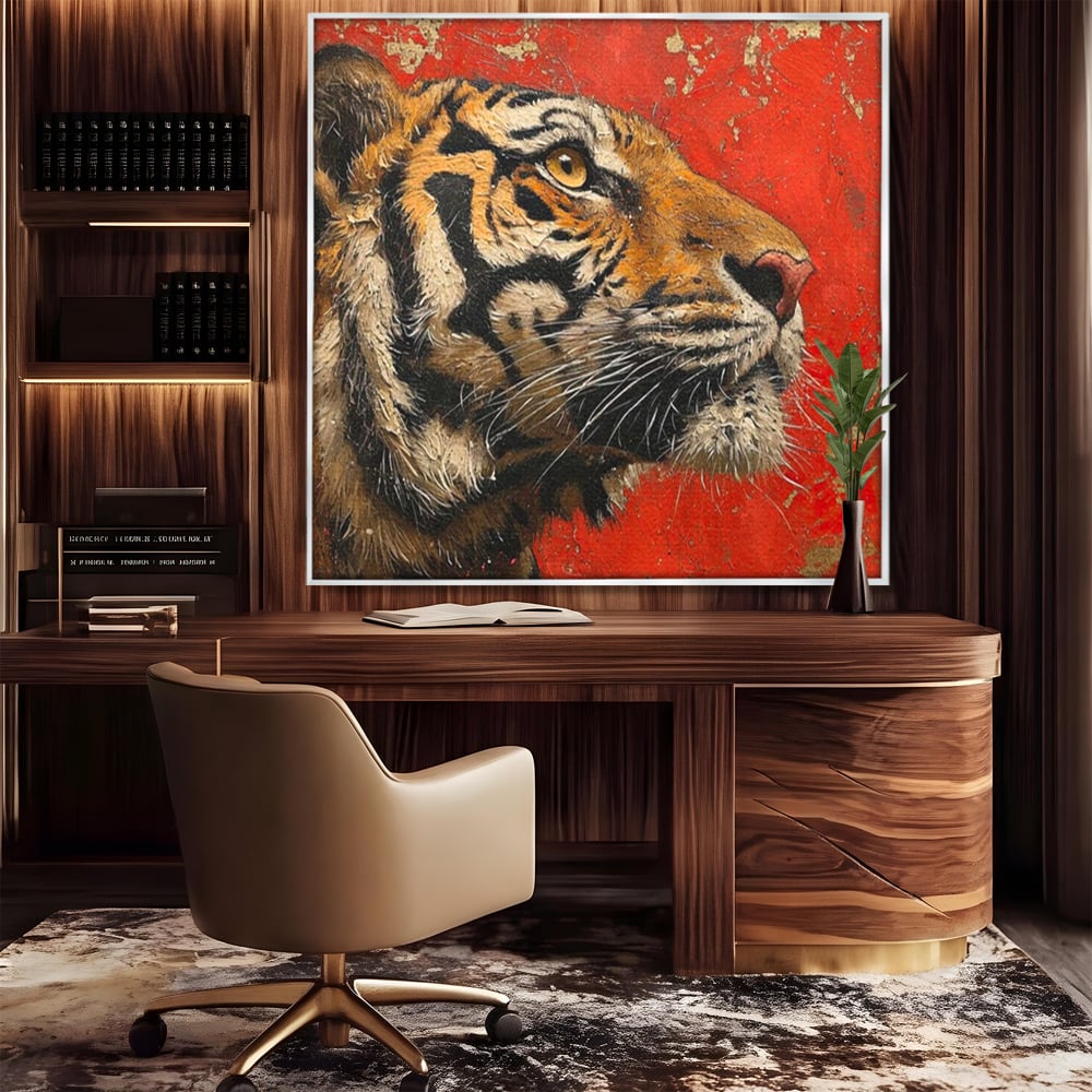 Leinwandbilder Premium, LuxCanva® M1192, Empire in Stripes, Tiger, Rot, Vintage, Gemälde, Profil, Portrait, Feline, Edel, Feline, Tier, Golden, König, Streifen, Büro, Wohnen, Kinderzimmer