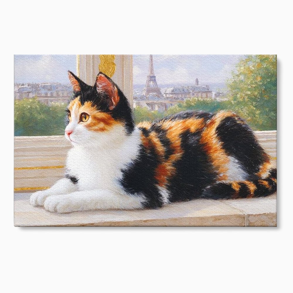 Tablou Canvas Premium, LuxCanva® M1193, Pisica in Vis Parizian, Turnul Eiffel, Paris, Oras, Pisica, Blana, Felina, Fereastra, Frantuzesc, Pervaz, Calico, Birou, Living, Camera Copil
