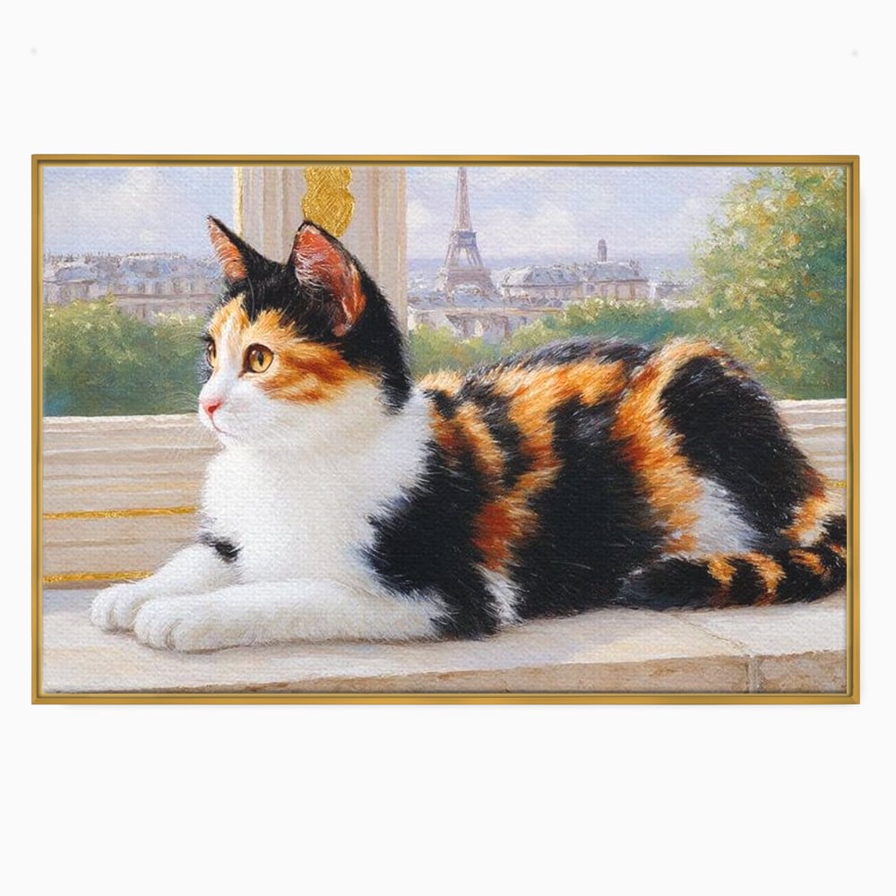 Tablou Canvas Premium, LuxCanva® M1193, Pisica in Vis Parizian, Turnul Eiffel, Paris, Oras, Pisica, Blana, Felina, Fereastra, Frantuzesc, Pervaz, Calico, Birou, Living, Camera Copil