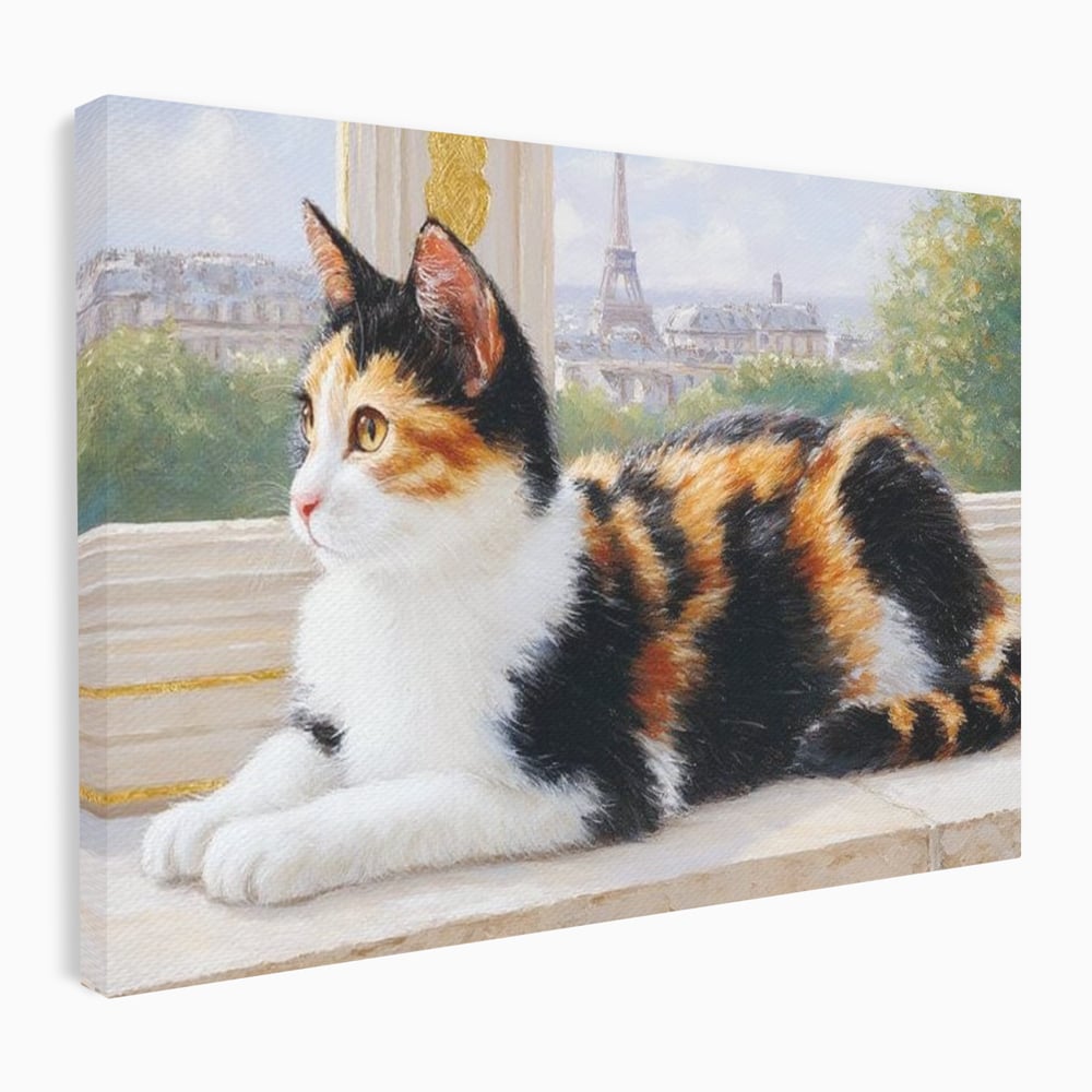 Tablou Canvas Premium, LuxCanva® M1193, Pisica in Vis Parizian, Turnul Eiffel, Paris, Oras, Pisica, Blana, Felina, Fereastra, Frantuzesc, Pervaz, Calico, Birou, Living, Camera Copil