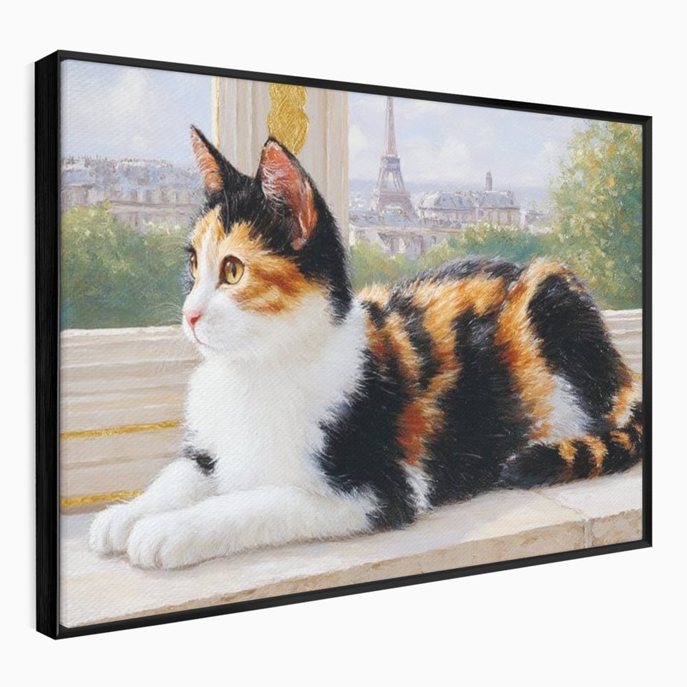 Tablou Canvas Premium, LuxCanva® M1193, Pisica in Vis Parizian, Turnul Eiffel, Paris, Oras, Pisica, Blana, Felina, Fereastra, Frantuzesc, Pervaz, Calico, Birou, Living, Camera Copil