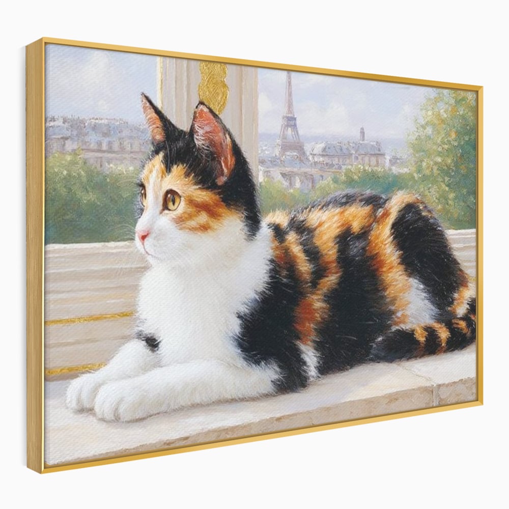 Tablou Canvas Premium, LuxCanva® M1193, Pisica in Vis Parizian, Turnul Eiffel, Paris, Oras, Pisica, Blana, Felina, Fereastra, Frantuzesc, Pervaz, Calico, Birou, Living, Camera Copil