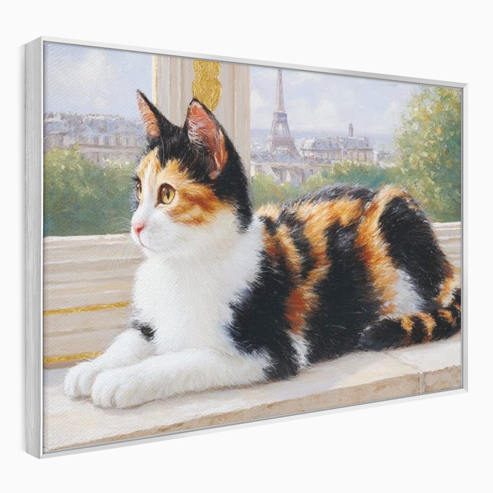 Tablou Canvas Premium, LuxCanva® M1193, Pisica in Vis Parizian, Turnul Eiffel, Paris, Oras, Pisica, Blana, Felina, Fereastra, Frantuzesc, Pervaz, Calico, Birou, Living, Camera Copil