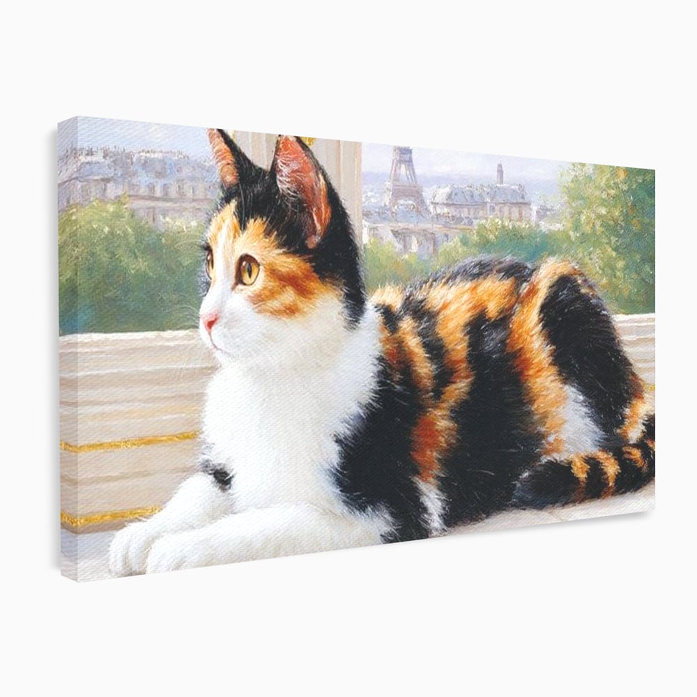 Tablou Canvas Premium, LuxCanva® M1193, Pisica in Vis Parizian, Turnul Eiffel, Paris, Oras, Pisica, Blana, Felina, Fereastra, Frantuzesc, Pervaz, Calico, Birou, Living, Camera Copil