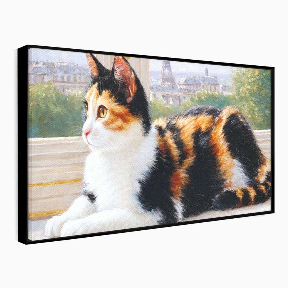 Tablou Canvas Premium, LuxCanva® M1193, Pisica in Vis Parizian, Turnul Eiffel, Paris, Oras, Pisica, Blana, Felina, Fereastra, Frantuzesc, Pervaz, Calico, Birou, Living, Camera Copil