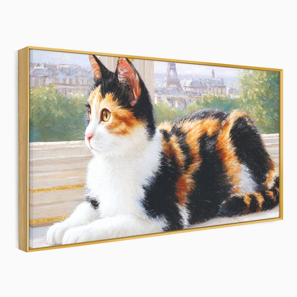 Tablou Canvas Premium, LuxCanva® M1193, Pisica in Vis Parizian, Turnul Eiffel, Paris, Oras, Pisica, Blana, Felina, Fereastra, Frantuzesc, Pervaz, Calico, Birou, Living, Camera Copil