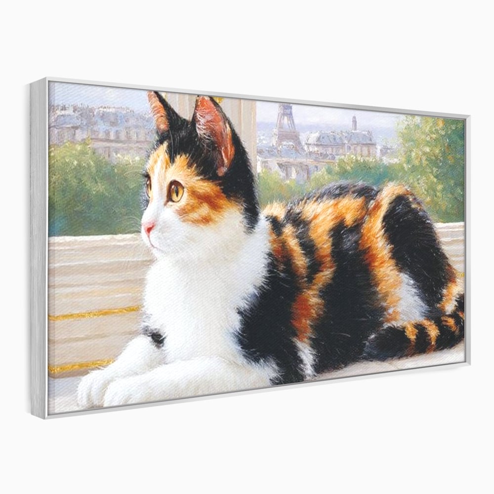 Tablou Canvas Premium, LuxCanva® M1193, Pisica in Vis Parizian, Turnul Eiffel, Paris, Oras, Pisica, Blana, Felina, Fereastra, Frantuzesc, Pervaz, Calico, Birou, Living, Camera Copil