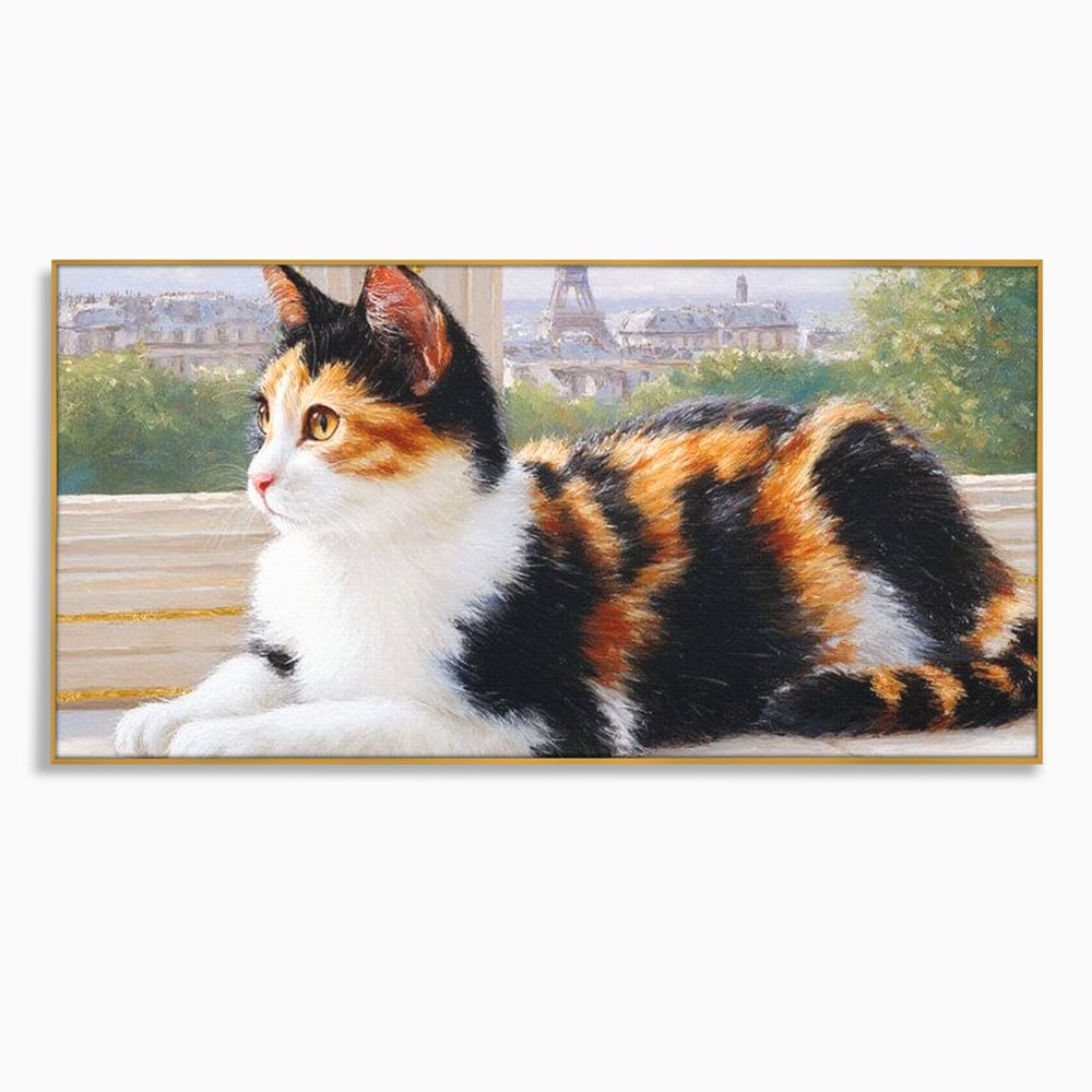 Tablou Canvas Premium, LuxCanva® M1193, Pisica in Vis Parizian, Turnul Eiffel, Paris, Oras, Pisica, Blana, Felina, Fereastra, Frantuzesc, Pervaz, Calico, Birou, Living, Camera Copil