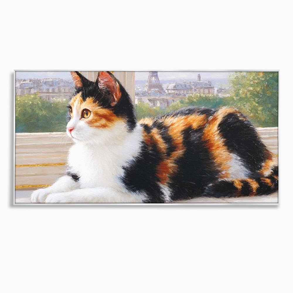 Tablou Canvas Premium, LuxCanva® M1193, Pisica in Vis Parizian, Turnul Eiffel, Paris, Oras, Pisica, Blana, Felina, Fereastra, Frantuzesc, Pervaz, Calico, Birou, Living, Camera Copil