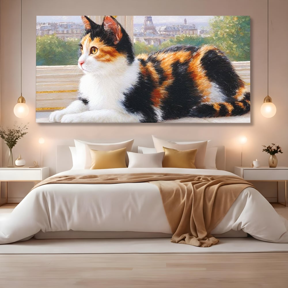Tablou Canvas Premium, LuxCanva® M1193, Pisica in Vis Parizian, Turnul Eiffel, Paris, Oras, Pisica, Blana, Felina, Fereastra, Frantuzesc, Pervaz, Calico, Birou, Living, Camera Copil