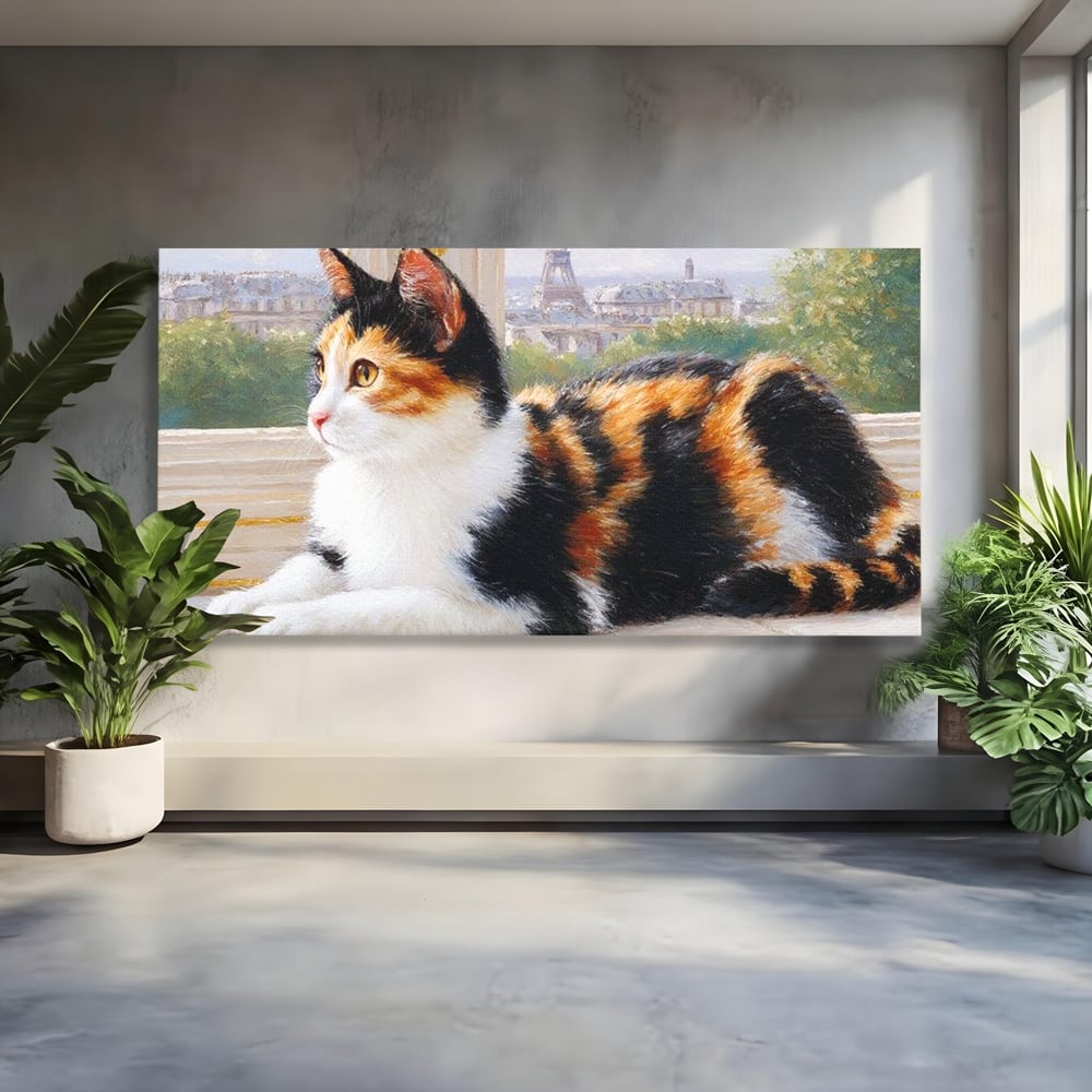 Tablou Canvas Premium, LuxCanva® M1193, Pisica in Vis Parizian, Turnul Eiffel, Paris, Oras, Pisica, Blana, Felina, Fereastra, Frantuzesc, Pervaz, Calico, Birou, Living, Camera Copil