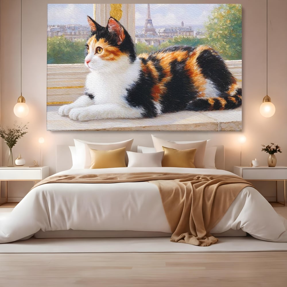 Tablou Canvas Premium, LuxCanva® M1193, Pisica in Vis Parizian, Turnul Eiffel, Paris, Oras, Pisica, Blana, Felina, Fereastra, Frantuzesc, Pervaz, Calico, Birou, Living, Camera Copil