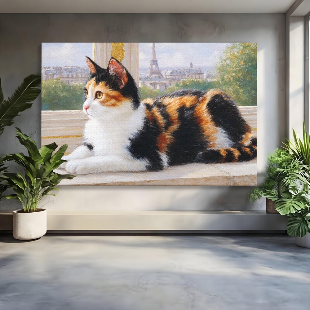 Tablou Canvas Premium, LuxCanva® M1193, Pisica in Vis Parizian, Turnul Eiffel, Paris, Oras, Pisica, Blana, Felina, Fereastra, Frantuzesc, Pervaz, Calico, Birou, Living, Camera Copil
