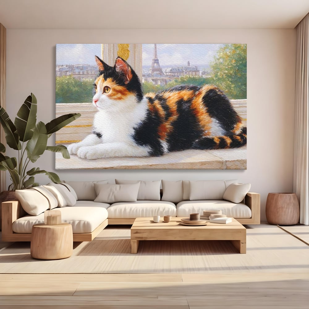 Tablou Canvas Premium, LuxCanva® M1193, Pisica in Vis Parizian, Turnul Eiffel, Paris, Oras, Pisica, Blana, Felina, Fereastra, Frantuzesc, Pervaz, Calico, Birou, Living, Camera Copil