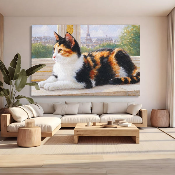 Tablou Canvas Premium, LuxCanva® M1193, Pisica in Vis Parizian, Turnul Eiffel, Paris, Oras, Pisica, Blana, Felina, Fereastra, Frantuzesc, Pervaz, Calico, Birou, Living, Camera Copil