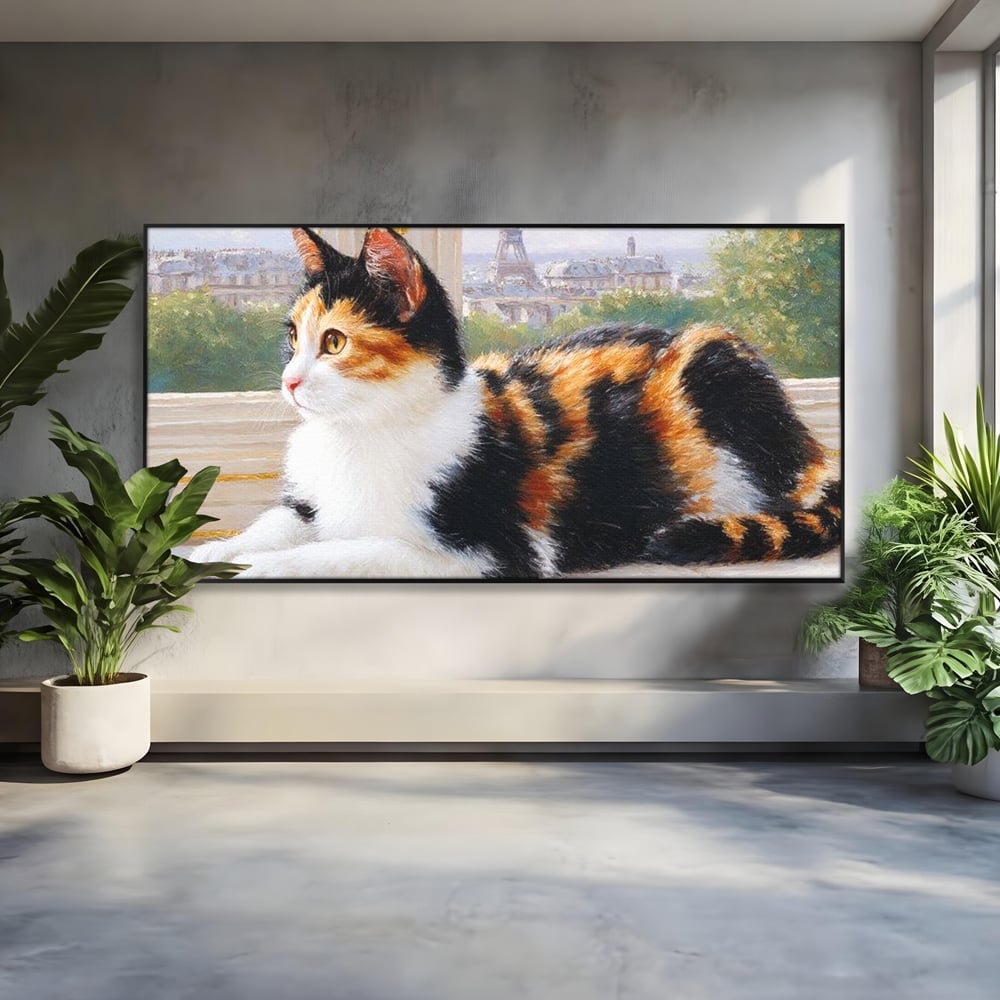 Tablou Canvas Premium, LuxCanva® M1193, Pisica in Vis Parizian, Turnul Eiffel, Paris, Oras, Pisica, Blana, Felina, Fereastra, Frantuzesc, Pervaz, Calico, Birou, Living, Camera Copil