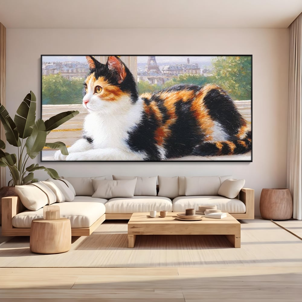 Tablou Canvas Premium, LuxCanva® M1193, Pisica in Vis Parizian, Turnul Eiffel, Paris, Oras, Pisica, Blana, Felina, Fereastra, Frantuzesc, Pervaz, Calico, Birou, Living, Camera Copil