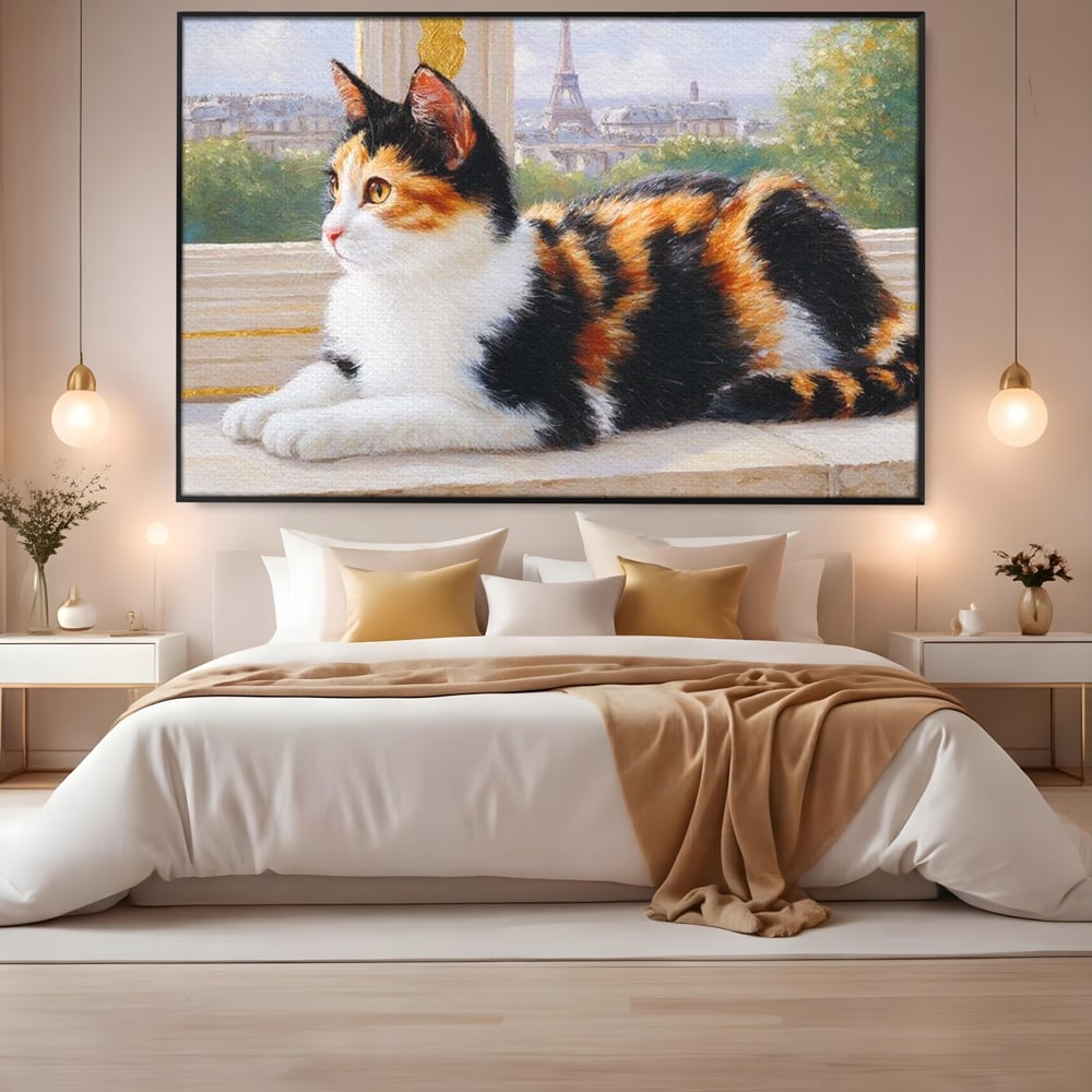 Tablou Canvas Premium, LuxCanva® M1193, Pisica in Vis Parizian, Turnul Eiffel, Paris, Oras, Pisica, Blana, Felina, Fereastra, Frantuzesc, Pervaz, Calico, Birou, Living, Camera Copil