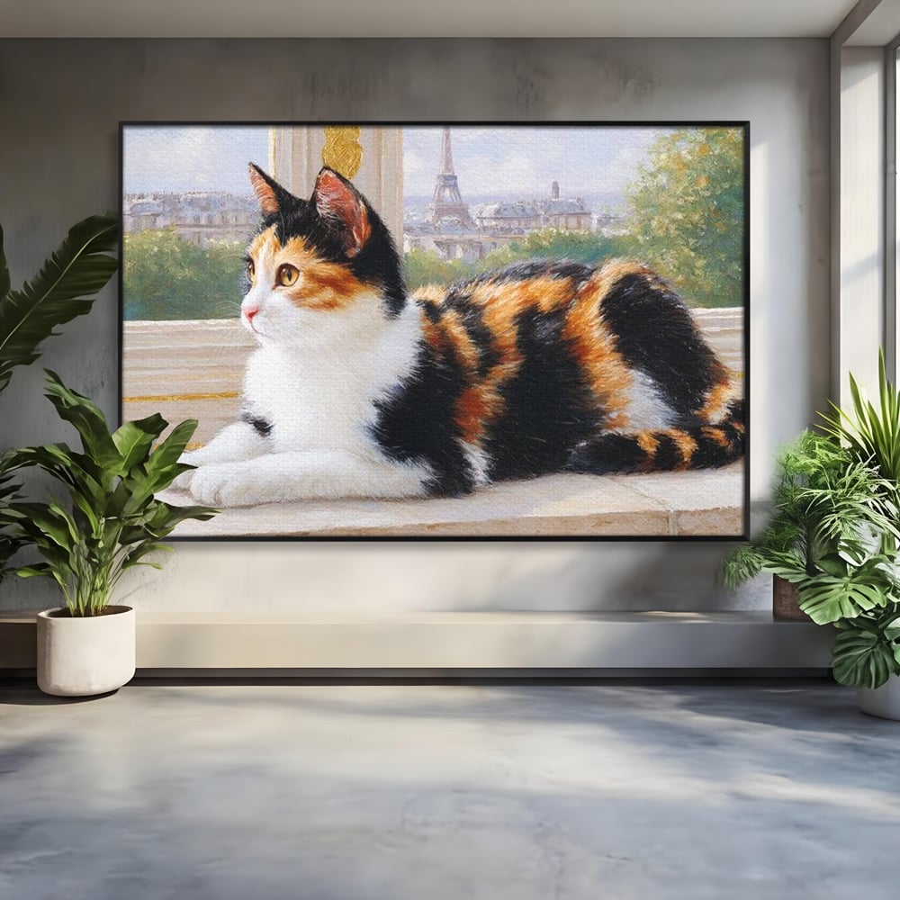 Tablou Canvas Premium, LuxCanva® M1193, Pisica in Vis Parizian, Turnul Eiffel, Paris, Oras, Pisica, Blana, Felina, Fereastra, Frantuzesc, Pervaz, Calico, Birou, Living, Camera Copil