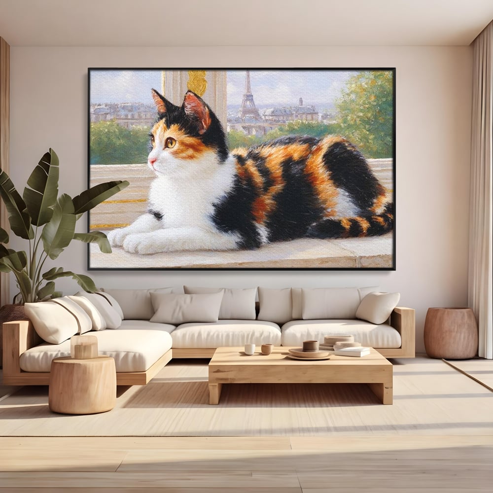 Tablou Canvas Premium, LuxCanva® M1193, Pisica in Vis Parizian, Turnul Eiffel, Paris, Oras, Pisica, Blana, Felina, Fereastra, Frantuzesc, Pervaz, Calico, Birou, Living, Camera Copil