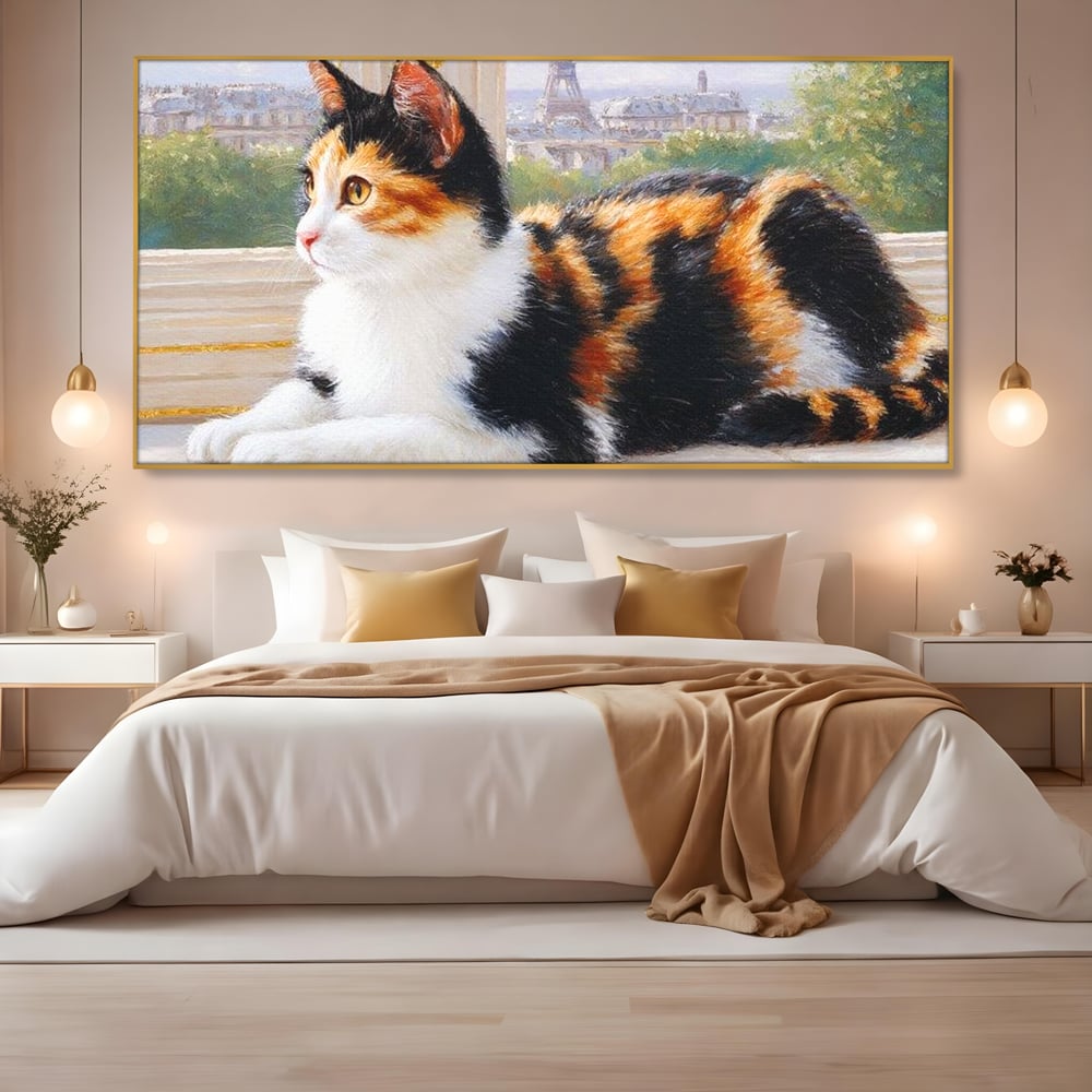 Tablou Canvas Premium, LuxCanva® M1193, Pisica in Vis Parizian, Turnul Eiffel, Paris, Oras, Pisica, Blana, Felina, Fereastra, Frantuzesc, Pervaz, Calico, Birou, Living, Camera Copil