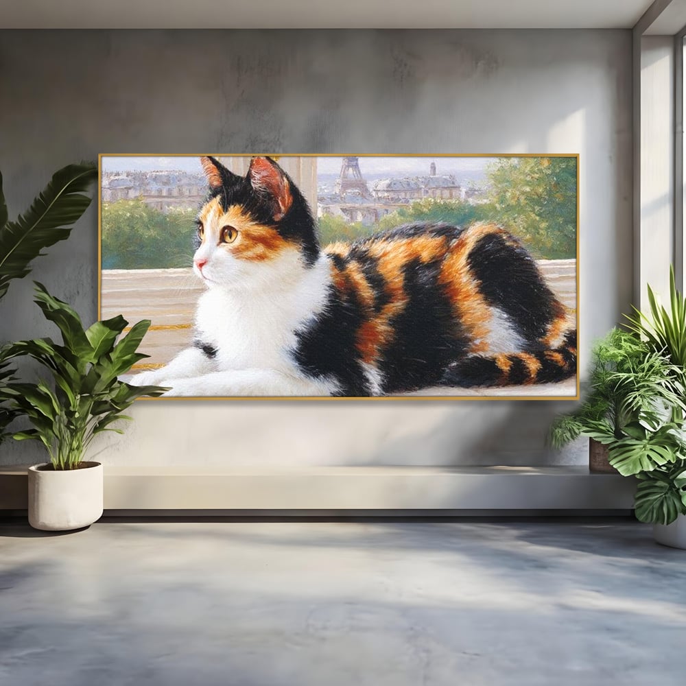 Tablou Canvas Premium, LuxCanva® M1193, Pisica in Vis Parizian, Turnul Eiffel, Paris, Oras, Pisica, Blana, Felina, Fereastra, Frantuzesc, Pervaz, Calico, Birou, Living, Camera Copil