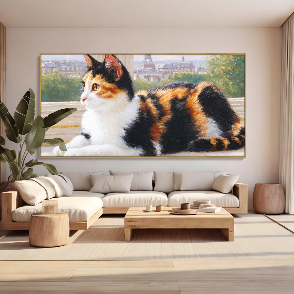 Tablou Canvas Premium, LuxCanva® M1193, Pisica in Vis Parizian, Turnul Eiffel, Paris, Oras, Pisica, Blana, Felina, Fereastra, Frantuzesc, Pervaz, Calico, Birou, Living, Camera Copil