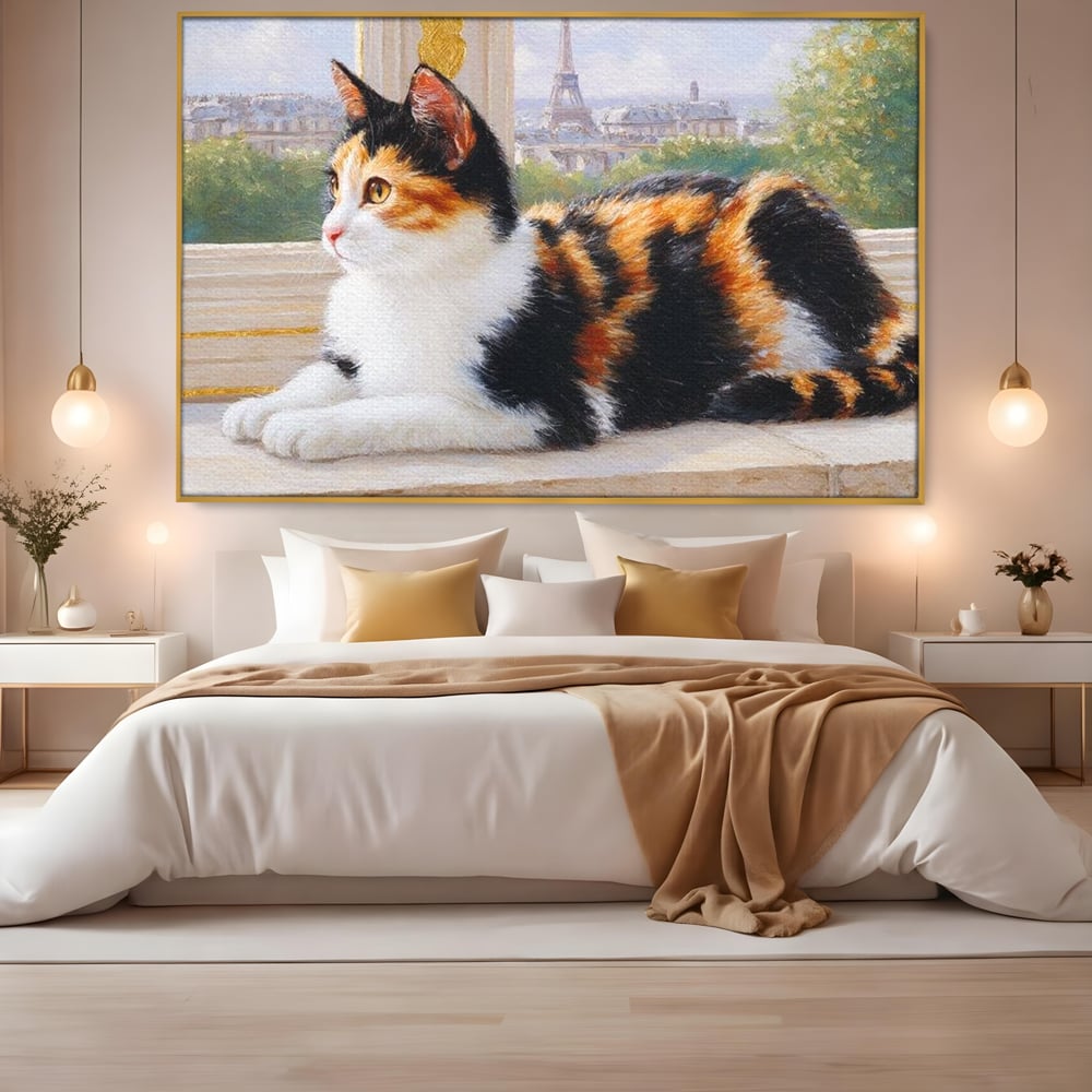 Tablou Canvas Premium, LuxCanva® M1193, Pisica in Vis Parizian, Turnul Eiffel, Paris, Oras, Pisica, Blana, Felina, Fereastra, Frantuzesc, Pervaz, Calico, Birou, Living, Camera Copil