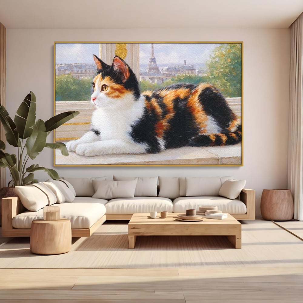 Tablou Canvas Premium, LuxCanva® M1193, Pisica in Vis Parizian, Turnul Eiffel, Paris, Oras, Pisica, Blana, Felina, Fereastra, Frantuzesc, Pervaz, Calico, Birou, Living, Camera Copil