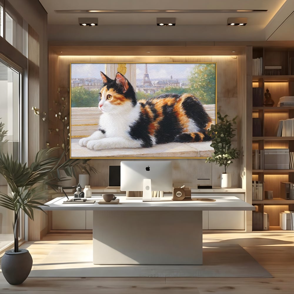 Tablou Canvas Premium, LuxCanva® M1193, Pisica in Vis Parizian, Turnul Eiffel, Paris, Oras, Pisica, Blana, Felina, Fereastra, Frantuzesc, Pervaz, Calico, Birou, Living, Camera Copil