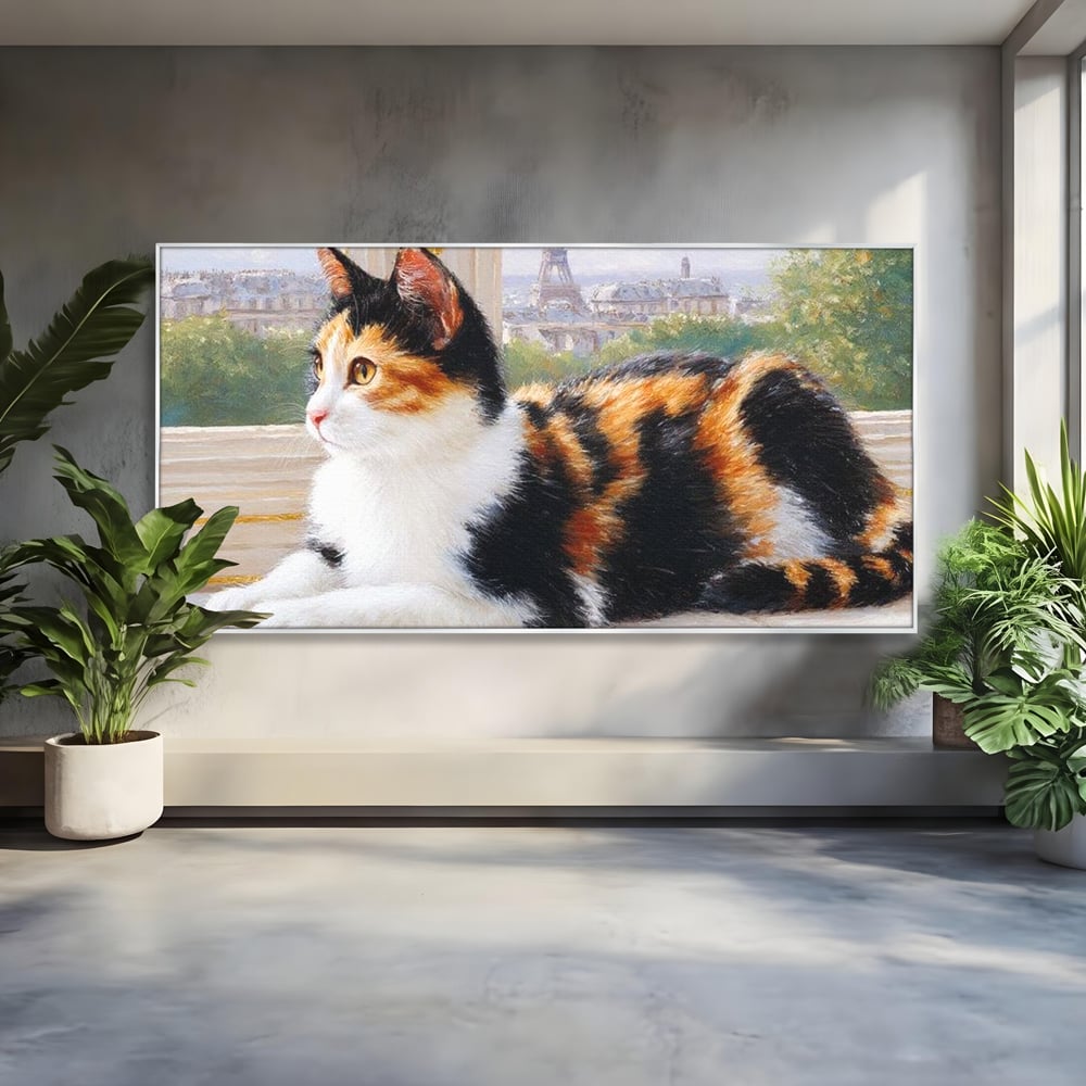 Tablou Canvas Premium, LuxCanva® M1193, Pisica in Vis Parizian, Turnul Eiffel, Paris, Oras, Pisica, Blana, Felina, Fereastra, Frantuzesc, Pervaz, Calico, Birou, Living, Camera Copil