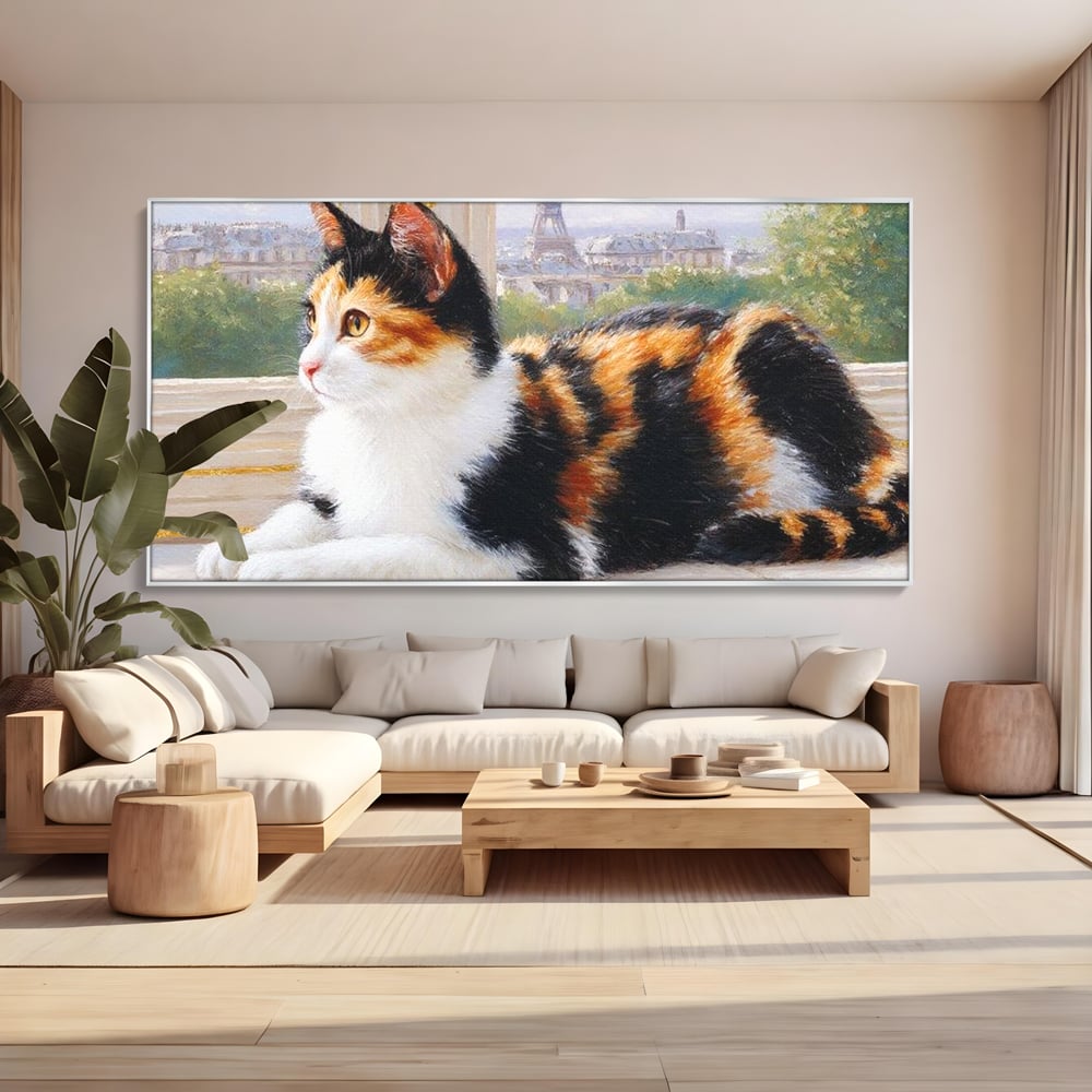 Tablou Canvas Premium, LuxCanva® M1193, Pisica in Vis Parizian, Turnul Eiffel, Paris, Oras, Pisica, Blana, Felina, Fereastra, Frantuzesc, Pervaz, Calico, Birou, Living, Camera Copil