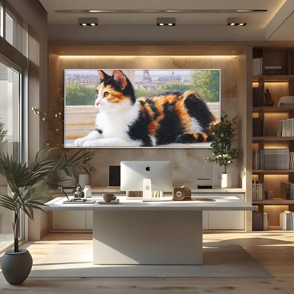 Tablou Canvas Premium, LuxCanva® M1193, Pisica in Vis Parizian, Turnul Eiffel, Paris, Oras, Pisica, Blana, Felina, Fereastra, Frantuzesc, Pervaz, Calico, Birou, Living, Camera Copil
