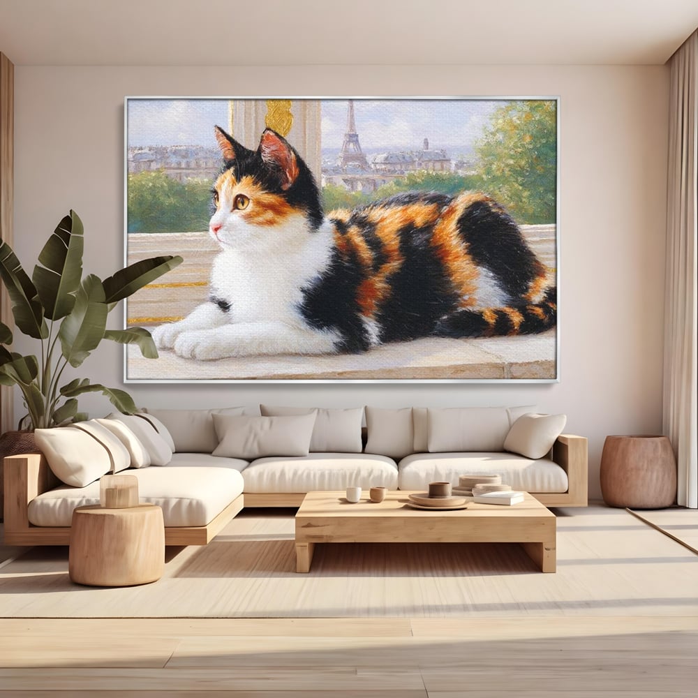 Tablou Canvas Premium, LuxCanva® M1193, Pisica in Vis Parizian, Turnul Eiffel, Paris, Oras, Pisica, Blana, Felina, Fereastra, Frantuzesc, Pervaz, Calico, Birou, Living, Camera Copil