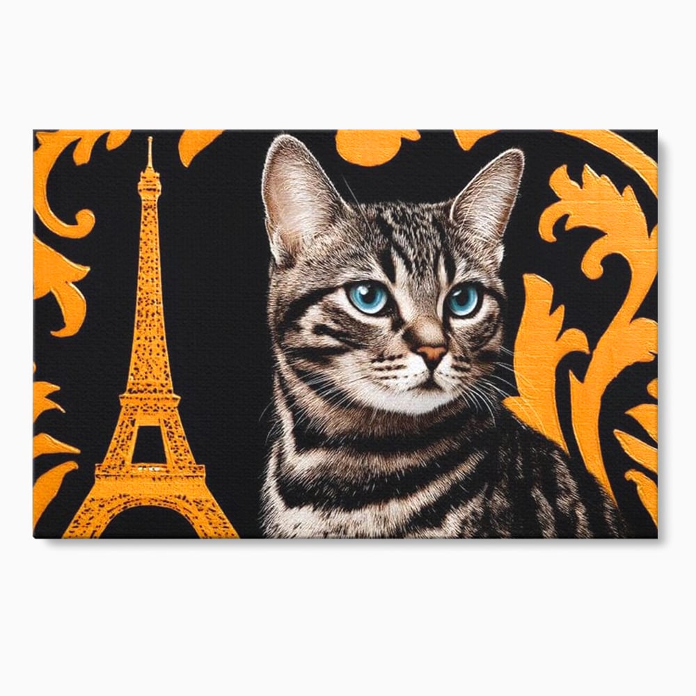 Tablou Canvas Premium, LuxCanva® M1194, Paris in Ochi Albastri, Pisica, Abstract, Franta, Dungi, Urban, Sofisticat, Desen, Blana, Felina, Auriu, Ochi, Birou, Living, Camera Copil