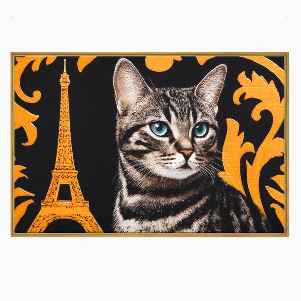 Tablou Canvas Premium, LuxCanva® M1194, Paris in Ochi Albastri, Pisica, Abstract, Franta, Dungi, Urban, Sofisticat, Desen, Blana, Felina, Auriu, Ochi, Birou, Living, Camera Copil
