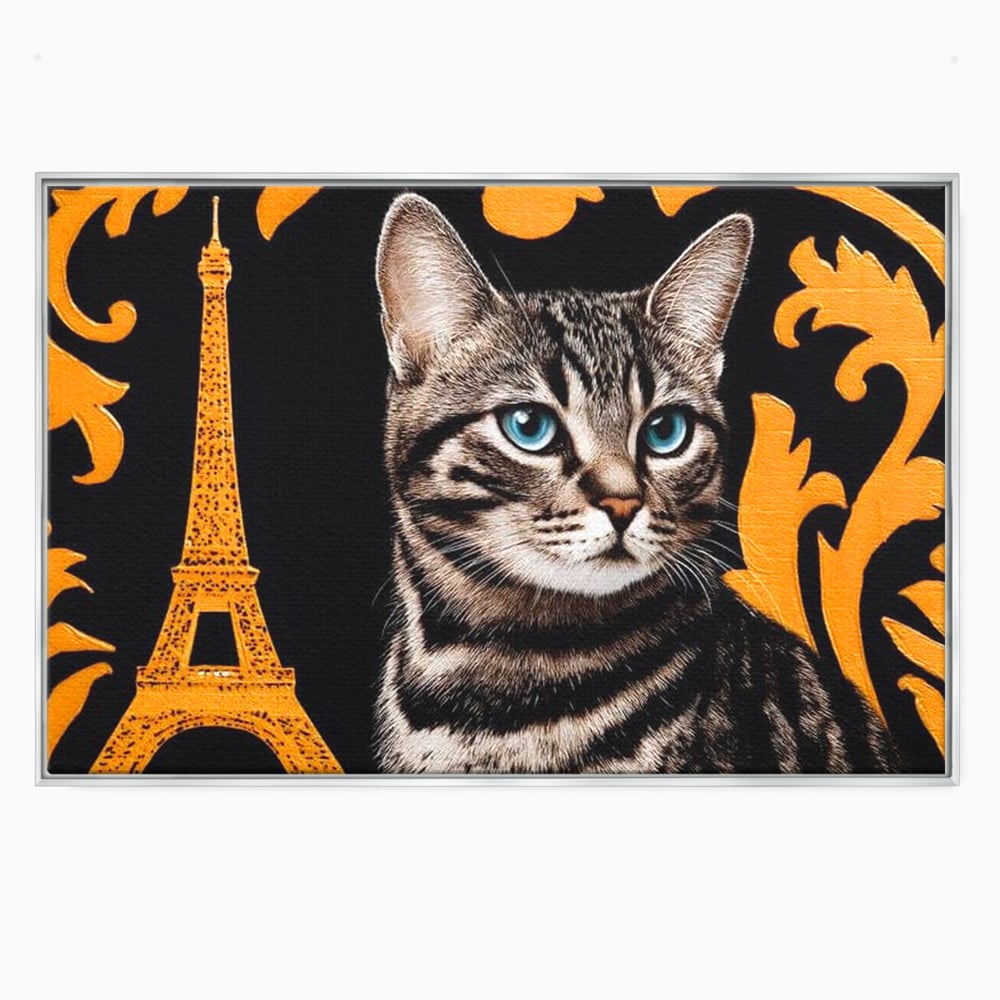 Tablou Canvas Premium, LuxCanva® M1194, Paris in Ochi Albastri, Pisica, Abstract, Franta, Dungi, Urban, Sofisticat, Desen, Blana, Felina, Auriu, Ochi, Birou, Living, Camera Copil