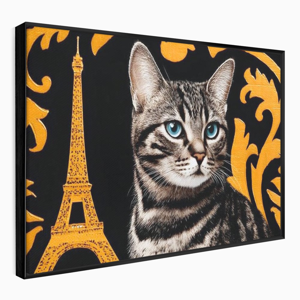 Tablou Canvas Premium, LuxCanva® M1194, Paris in Ochi Albastri, Pisica, Abstract, Franta, Dungi, Urban, Sofisticat, Desen, Blana, Felina, Auriu, Ochi, Birou, Living, Camera Copil