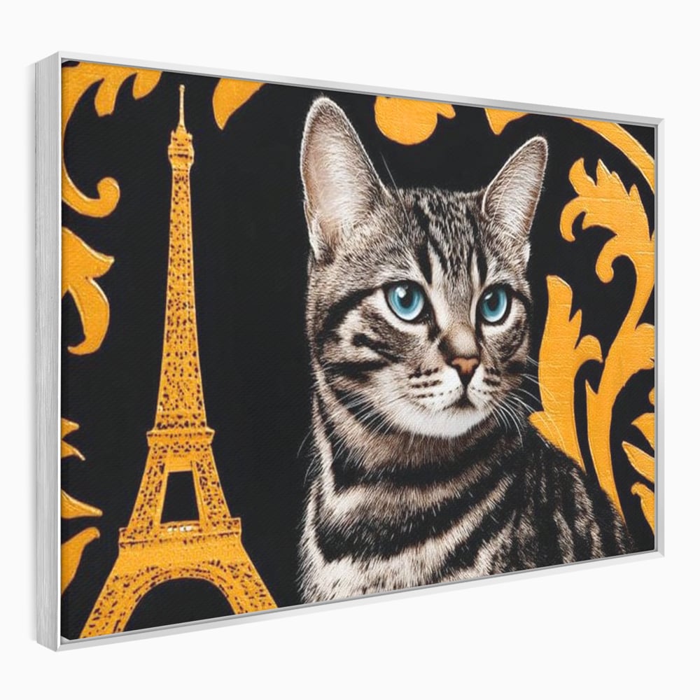 Tablou Canvas Premium, LuxCanva® M1194, Paris in Ochi Albastri, Pisica, Abstract, Franta, Dungi, Urban, Sofisticat, Desen, Blana, Felina, Auriu, Ochi, Birou, Living, Camera Copil