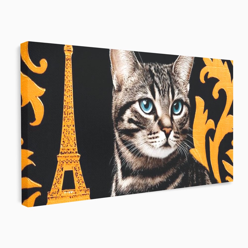 Tablou Canvas Premium, LuxCanva® M1194, Paris in Ochi Albastri, Pisica, Abstract, Franta, Dungi, Urban, Sofisticat, Desen, Blana, Felina, Auriu, Ochi, Birou, Living, Camera Copil