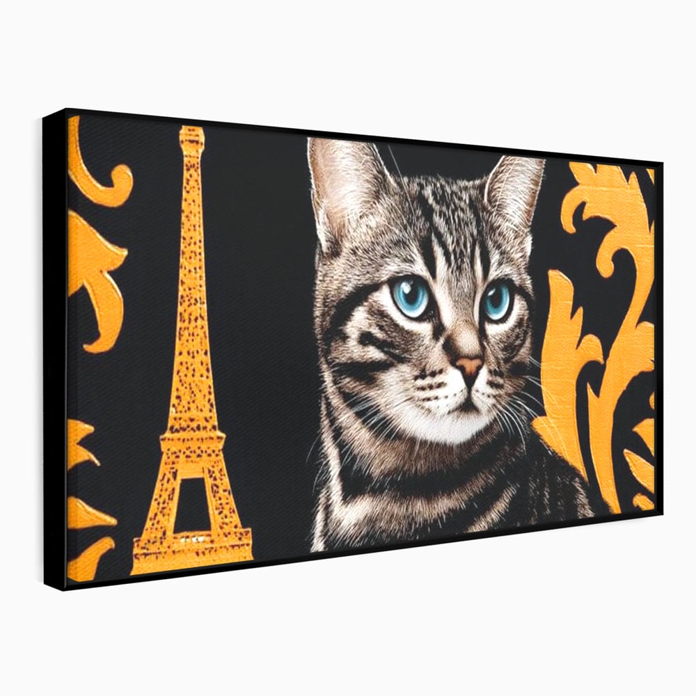 Tablou Canvas Premium, LuxCanva® M1194, Paris in Ochi Albastri, Pisica, Abstract, Franta, Dungi, Urban, Sofisticat, Desen, Blana, Felina, Auriu, Ochi, Birou, Living, Camera Copil